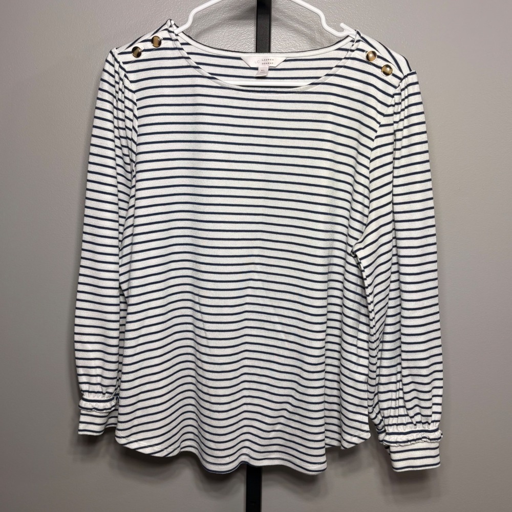 LC Lauren Conrad Striped Long Sleeve Top Navy White Button Shoulder XL - Picture 1 of 5